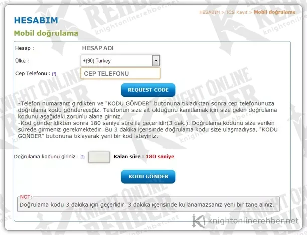 ICS mobil doğrulama sayfası: ülke, telefon numarası ve doğrulama kodu alanları