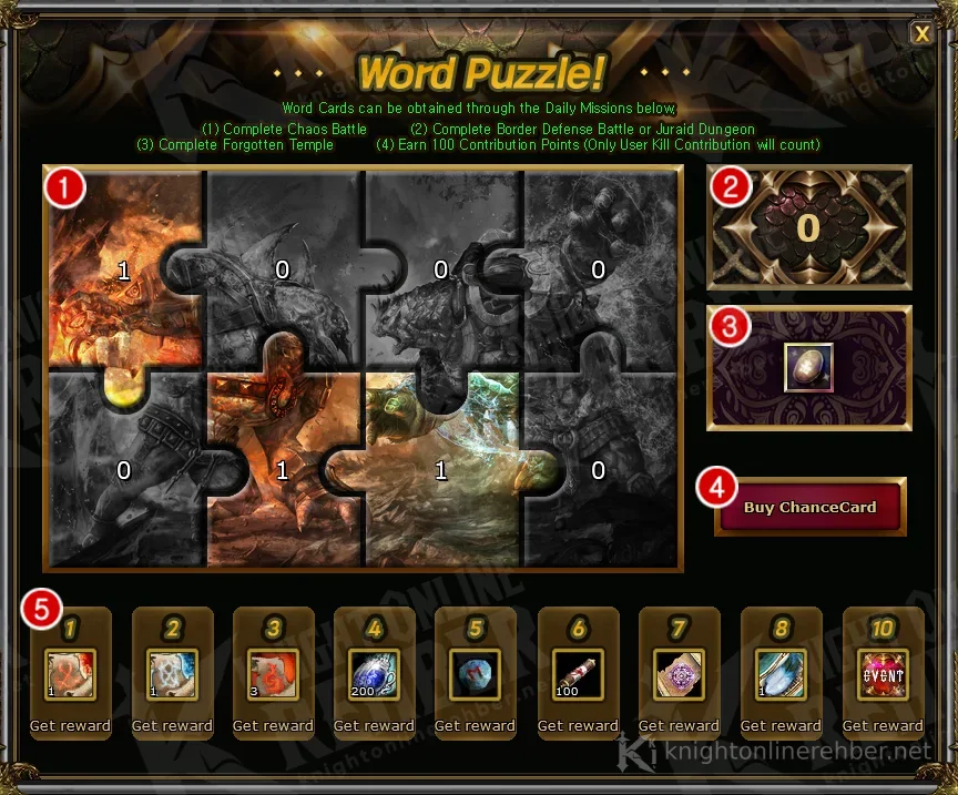 Word Puzzle penceresi: 8 parçalı resim, tamamlanan puzzle sayısı, Noah ile parça alma, Buy ChanceCard düğmesi ve alttaki ödül çubuğu