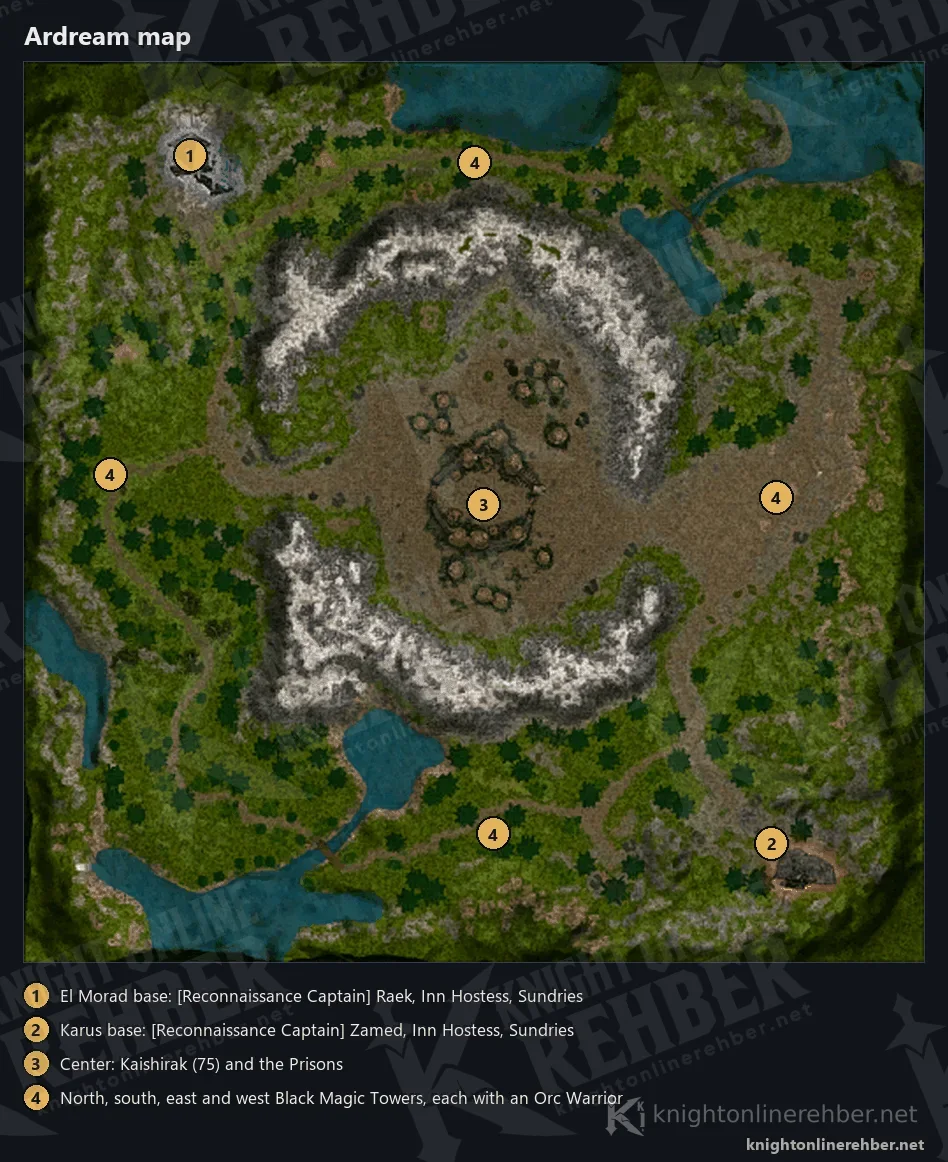 Ardream minimap: El Morad base in the northwest, Karus base in the southeast, Kaishirak and the Prisons in the center, Black Magic Towers on four sides
