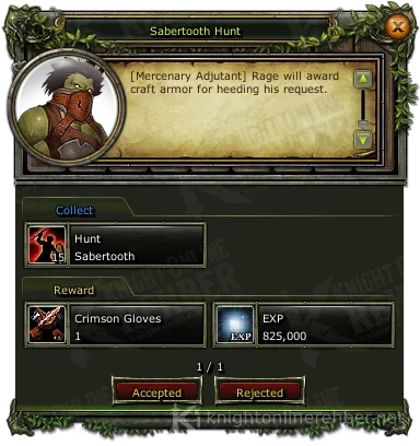 Sabertooth Hunt quest window: needs and rewards