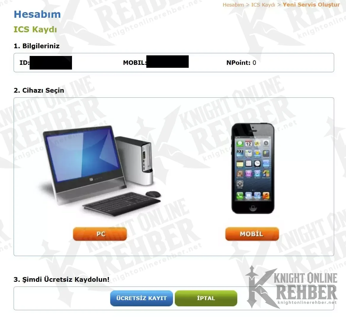 ICS kayıt ekranında PC ve mobil cihaz seçimi