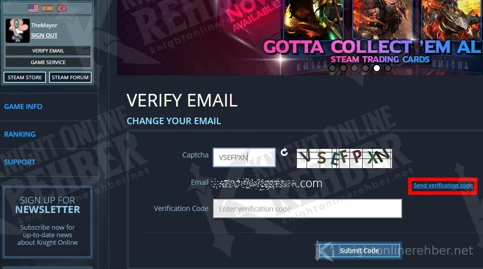 VERIFY EMAIL page: captcha field, email address, the highlighted Send verification code link and the Verification Code box