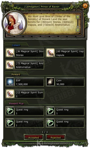 [Lemegeton] Prince of Raven quest window: needs and rewards