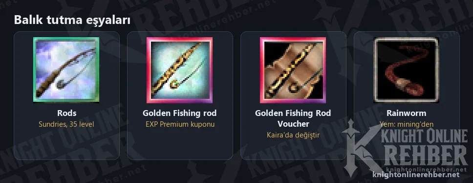 Rods, Golden Fishing rod, Golden Fishing Rod Voucher ve Rainworm eşya ikonları
