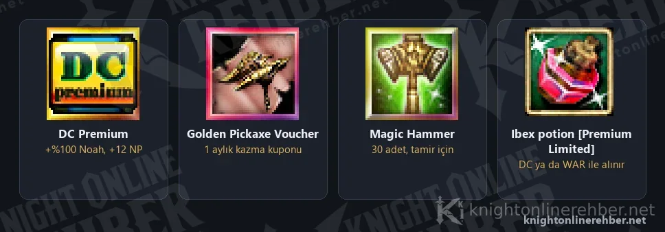 DC Premium ve farmda işe yarayan hediyeleri: Golden Pickaxe kuponu, Magic Hammer ve premium Ibex