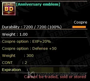 Anniversary emblem stats: EXP +20%, defense +50, cannot be traded