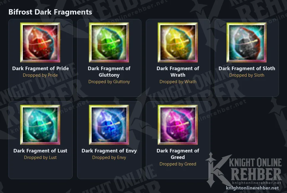 Dark Fragment items dropped by the Seven Deadly Sins in Bifrost