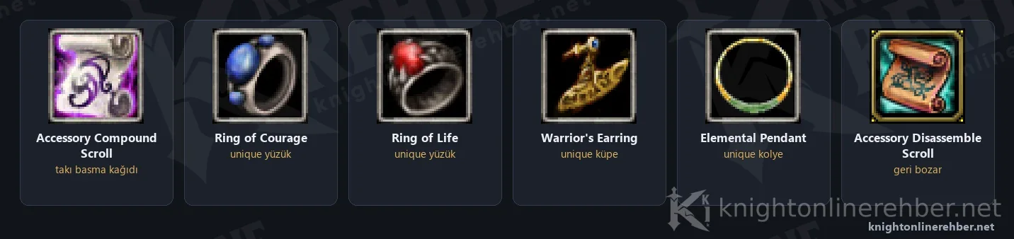 Accessory Compound Scroll, Ring of Courage, Ring of Life, Warrior's Earring, Elemental Pendant ve Accessory Disassemble Scroll ikonları