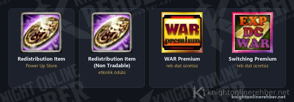 Skill ve stat sıfırlamada kullanılan eşyaların oyun ikonları: Redistribution Item, Redistribution Item (Non Tradable), WAR Premium ve Switching Premium