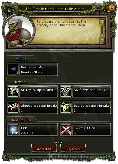 [Self-made Hero] Unmeltable Armor quest window: needs and rewards
