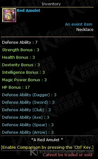 Red Amulet eşya penceresi: Defense Ability 7, tüm statlara +3, HP Bonus 17, silah türlerine +3 savunma, takas edilemez