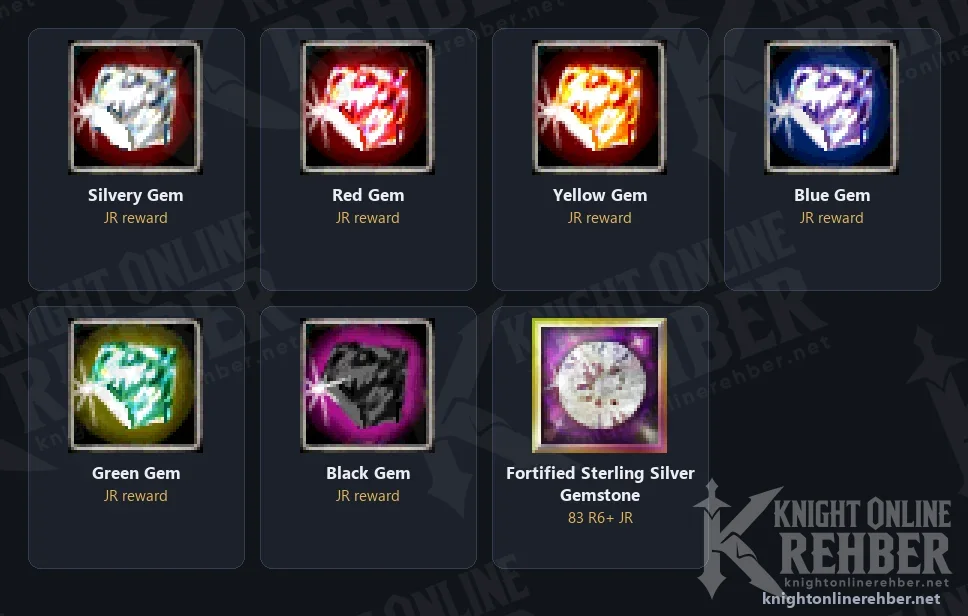 Game icons of the Juraid Mountain gems: Silvery, Red, Yellow, Blue, Green, Black Gem and Fortified Sterling Silver Gemstone