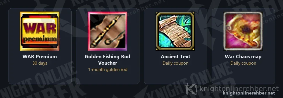 WAR Premium and its gifts: Golden Fishing Rod, daily Ancient Text and Chaos Map coupons