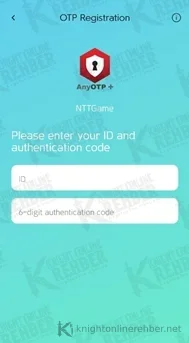 OTP+ uygulamasında OTP Registration ekranı: AnyOTP+ simgesi, ID ve 6 haneli aktivasyon kodu alanları