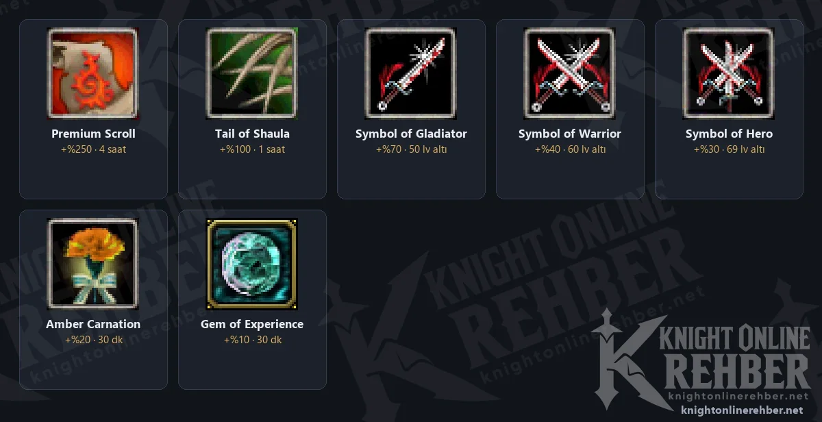 Knight Online EXP veren eşyalar: Premium Scroll, Tail of Shaula, Symbol of Gladiator ve diğerleri