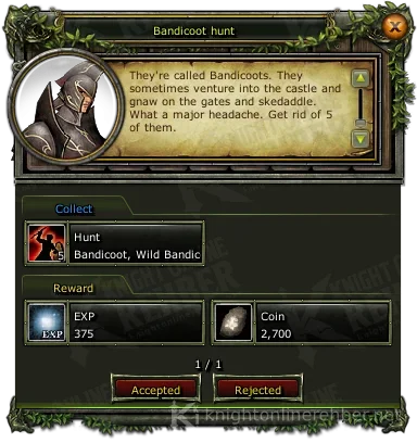 Bandicoot hunt quest window: needs and rewards