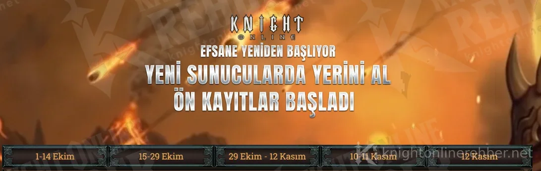 NTTGame yeni sunucu sayfasının başlığı: “Efsane yeniden başlıyor, yeni sunucularda yerini al, ön kayıtlar başladı” ve 1–14 Ekim, 15–29 Ekim, 29 Ekim–12 Kasım, 10–11 Kasım, 12 Kasım takvim sekmeleri
