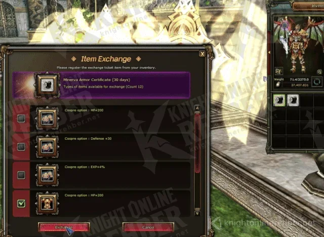 Kaira's Item Exchange window: a registered coupon and the cospre bonuses you tick to pick one (Minerva Armor Certificate shown)