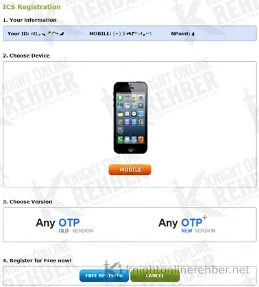 ICS kayıt sayfası: hesap bilgisi, Mobile cihaz seçimi, Any OTP Old Version ile Any OTP+ New Version arasında sürüm seçimi ve FREE REGISTER düğmesi