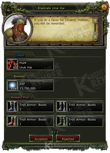 Eradicate Uruk Hai quest window: needs and rewards