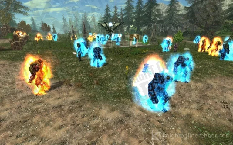 Burning El Morad golems and ice-blue Karus golems in Ronark Land