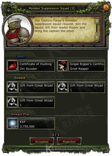 Monster Suppression Squad (II) quest window: needs and rewards