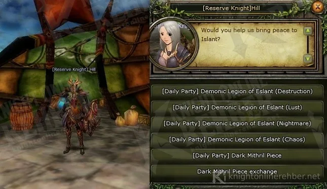 Reserve Knight Hill görev menüsünde dört Demonic Legion görevi ve Dark Mithril seçenekleri